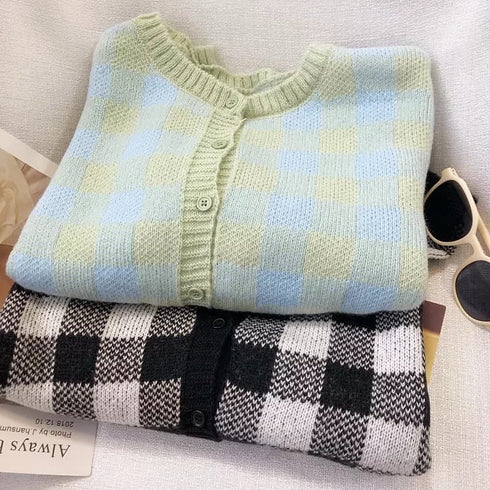 Fashion Versatile Contrast Checkered Knitted Two Piece Cardigan